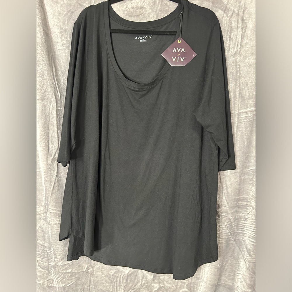 NWT Women’s Ava & Viv Black Round Neck 3/4 Sleeve Tunic Shirt size 2X Plus